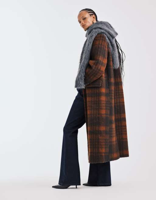 ASOS DESIGN premium brushed wool blend dad coat in brown and orange plaid