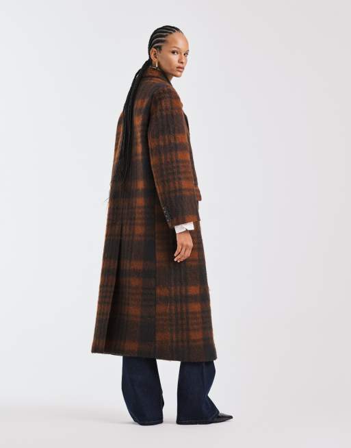 ASOS DESIGN premium brushed wool blend dad coat in brown and orange plaid