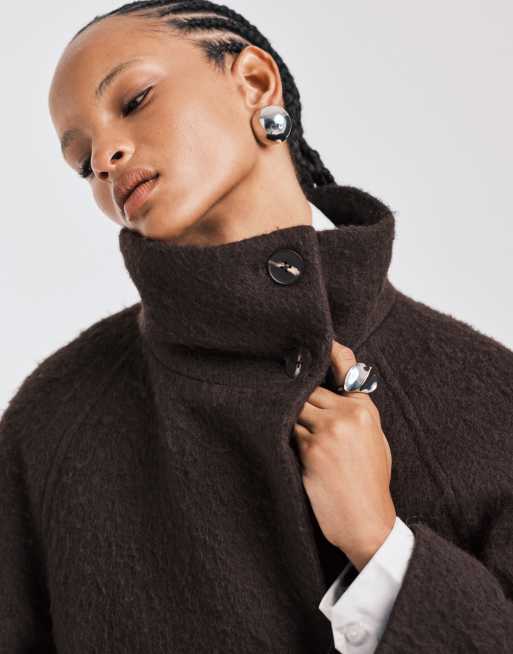 ASOS DESIGN premium brushed wool blend oversized funnel neck coat in chocolate