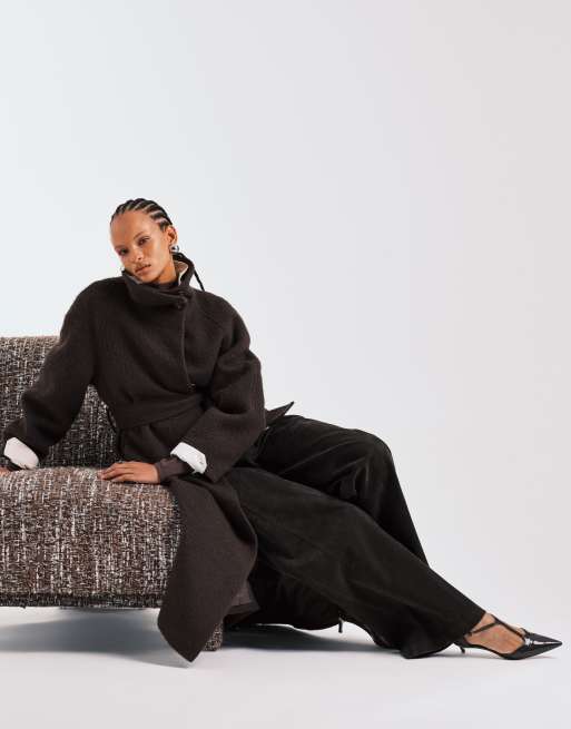 ASOS DESIGN premium brushed wool blend oversized funnel neck coat in chocolate