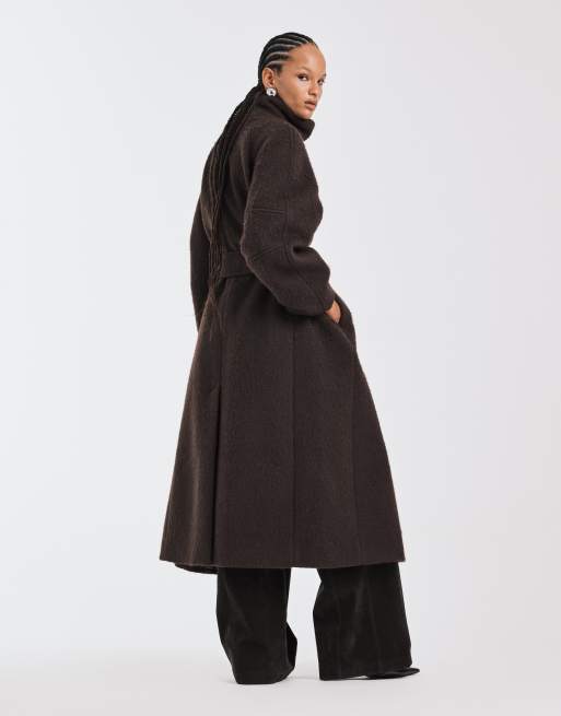 ASOS DESIGN premium brushed wool blend oversized funnel neck coat in chocolate