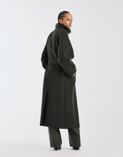ASOS DESIGN premium brushed wool blend oversized funnel neck coat in khaki