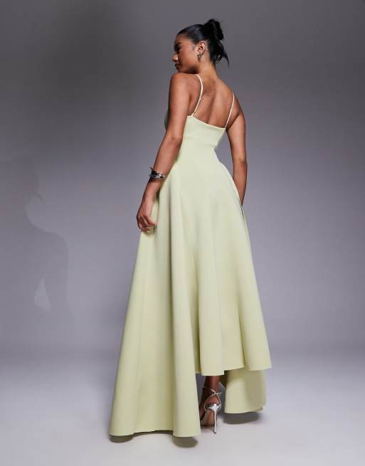 ASOS DESIGN cami straps scuba midi dress with full hem sweep and asymmetric detailing in pistachio