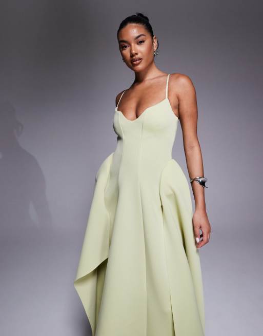 ASOS DESIGN cami straps scuba midi dress with full hem sweep and asymmetric detailing in pistachio