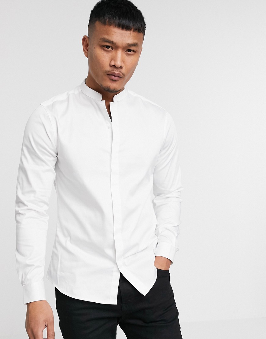 ASOS DESIGN Premium - Camicia slim bianca in rasatello con colletto alla coreana-Bianco