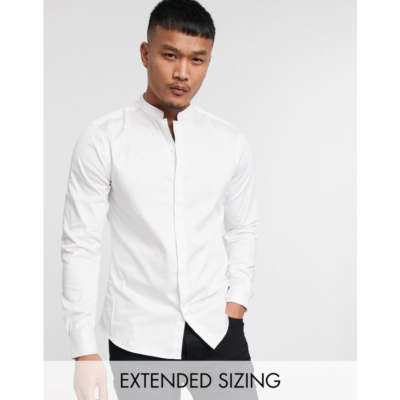 Camicie tinta unita Uomo DESIGN Premium - Camicia slim bianca in rasatello con colletto alla coreana