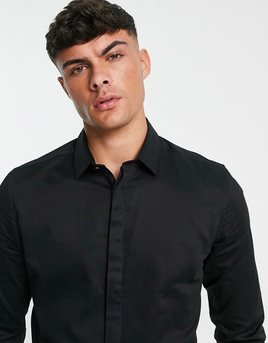 Premium - Camicia slim fit in rasatello nera-Nero - ASOS DESIGN Camicia donna  - immagine1