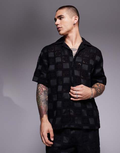ASOS DESIGN premium camp collar crochet shirt in black - part of a set - view 1
