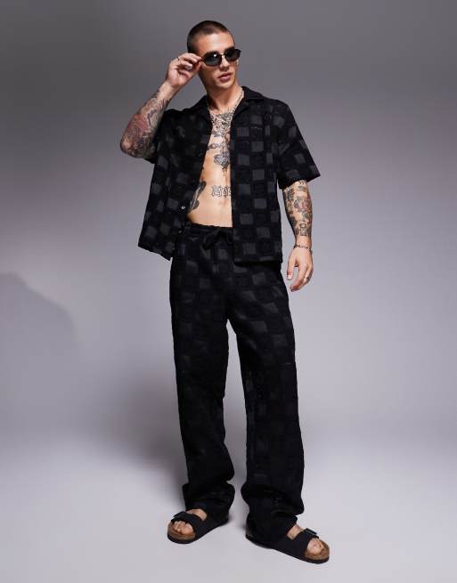 ASOS DESIGN premium camp collar crochet shirt in black - part of a set