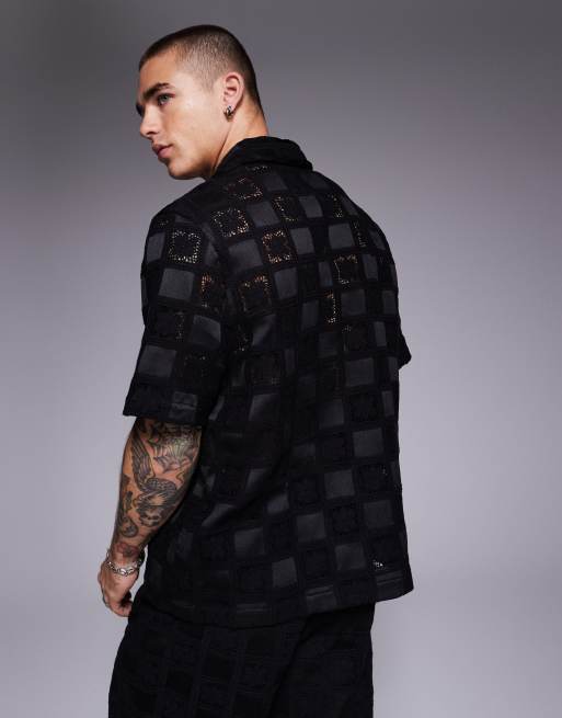 ASOS DESIGN premium camp collar crochet shirt in black - part of a set