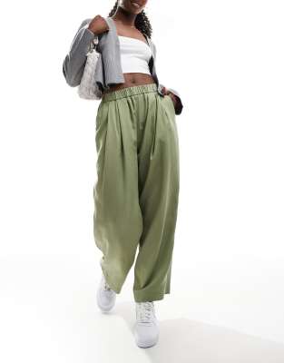 Asos Design Premium Casual Pull-on Pants With Pleat Detail In Washed Khaki-green