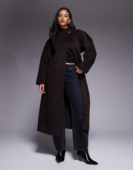 ASOS DESIGN – Premium – Chokladfärgad, lång kappa i yllerikt material med guldfärgade knappar, 4 av 4