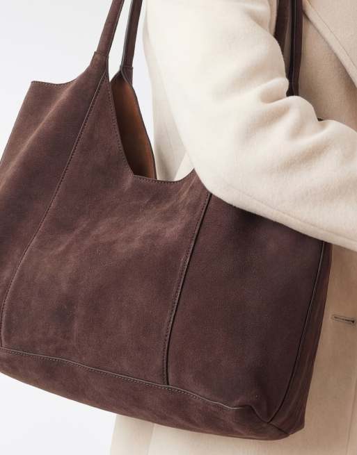 ASOS DESIGN - Premium - Chokoladebrun tote med dybt rundt design i bonded ruskind, 3 af 4