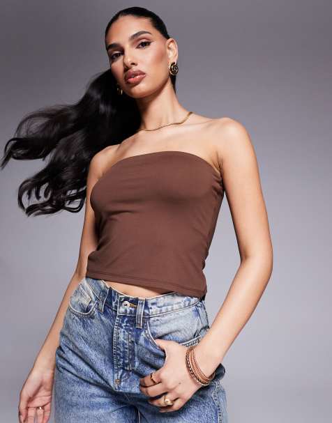 ASOS DESIGN - Premium - Chokoladebrun tætsiddende bandeau-top i polyamid - view 1