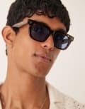 [ASOS DESIGN] ASOS DESIGN premium chunky square sunglasses in tortoiseshell with blue lens-Brown No Size BROWN