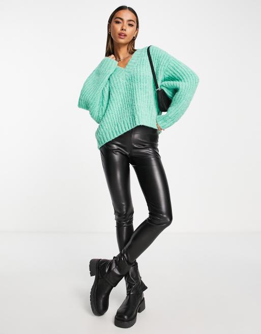 ASOS DESIGN knit leggings & fluffy sweater with zip collar set in