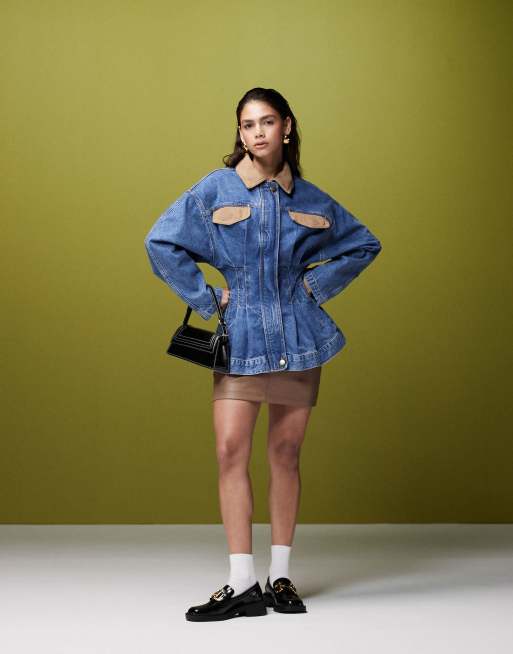 ASOS DESIGN premium cinch jacket with faux suede trims in mid blue