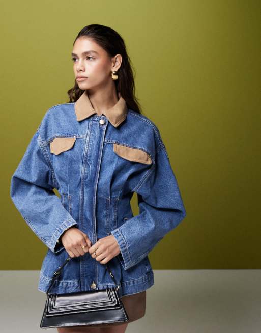 ASOS DESIGN premium cinch jacket with suede trims in mid blue, 4 of 4