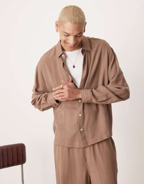 ASOS DESIGN premium co-ord oversized cropped striped shirt in brown - view 1