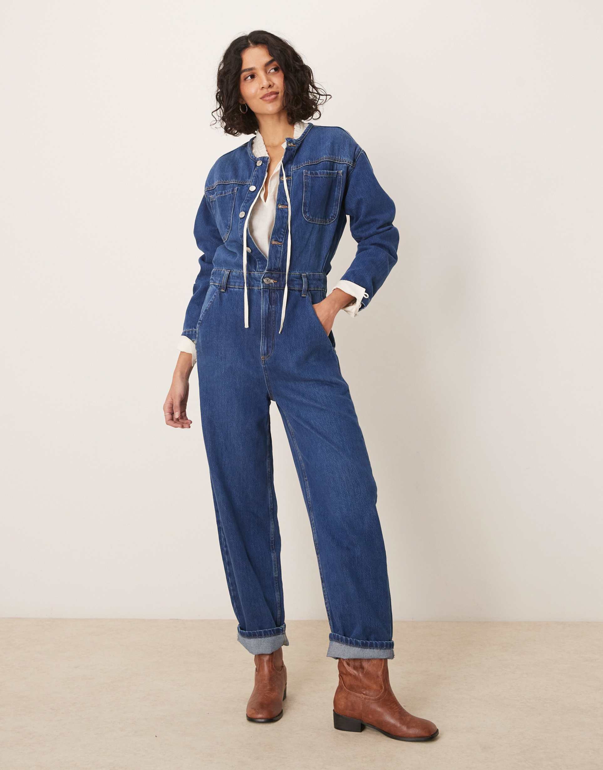 asos design premium collarless denim jumpsuit in midwash blue