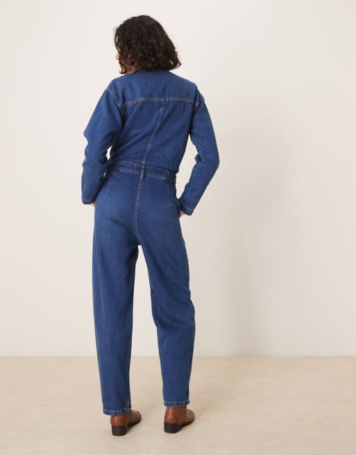 ASOS DESIGN premium collarless denim jumpsuit in midwash blue