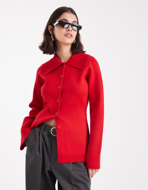 ASOS DESIGN Premium compact knit cardigan with collar detail in red, 3 of 4
