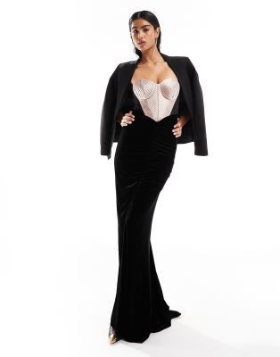 ASOS DESIGN premium contrast corset and velvet mix maxi dress in black ...