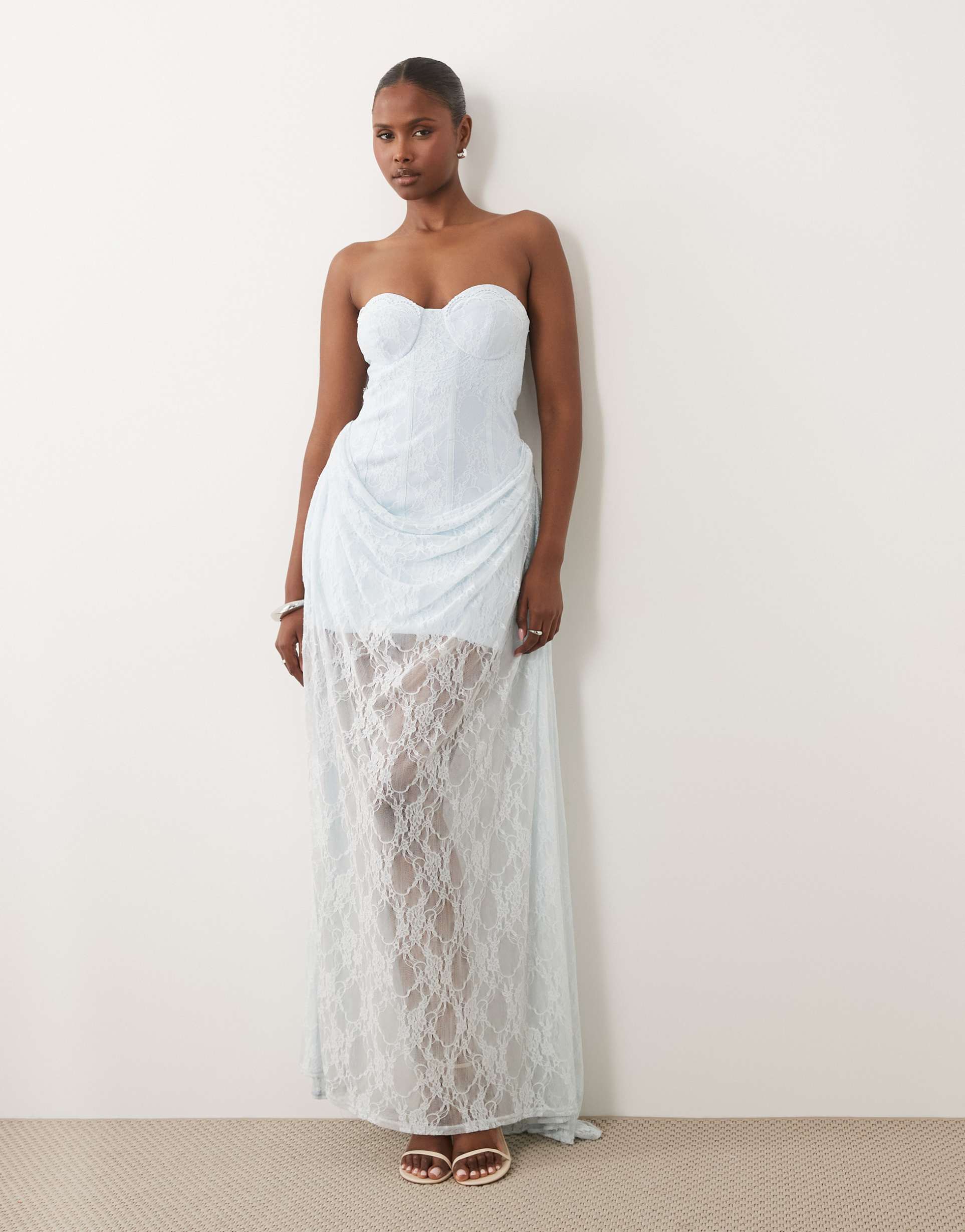 asos design premium corset bandeau lace maxi dress with drape skirt overlay in pale blue