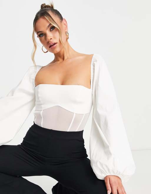 ASOS DESIGN premium corset mesh bodysuit with exaggerated sleeve in white