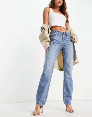 premium cotton blend mid rise straight leg jean in midwash - MBLUE-Blues