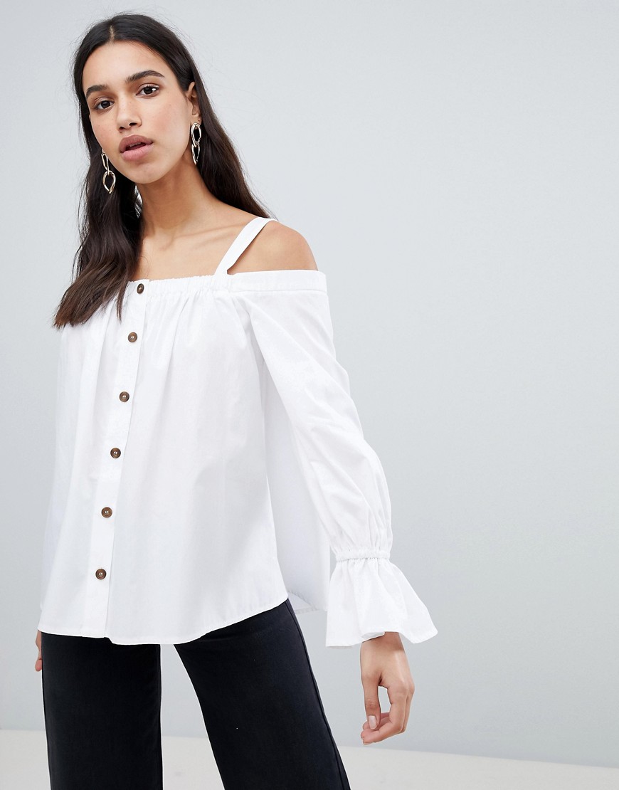 ASOS DESIGN Premium Cotton Off Shoulder Top with Contrast Buttons-White