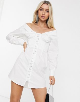 ASOS DESIGN premium cotton poplin corset mini shirt dress with eyelets ...