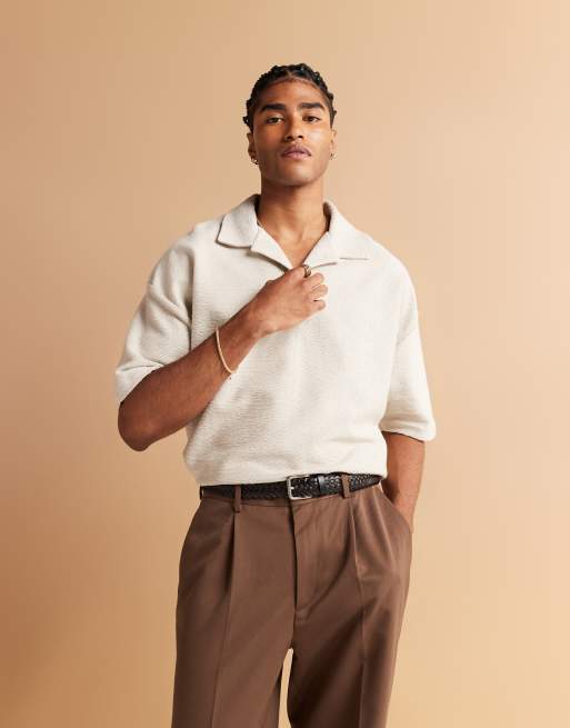 ASOS DESIGN Premium - Cremehvid oversized poloskjorte med tekstur