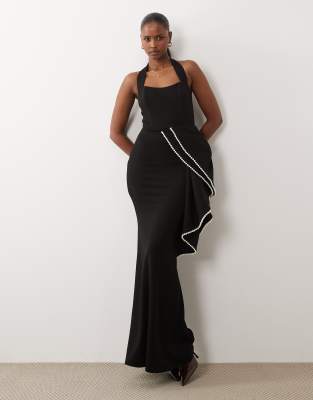 Asos Design Premium Crepe Halter Maxi Dress With Faux-pearl Embellished Oversized Bow In Black