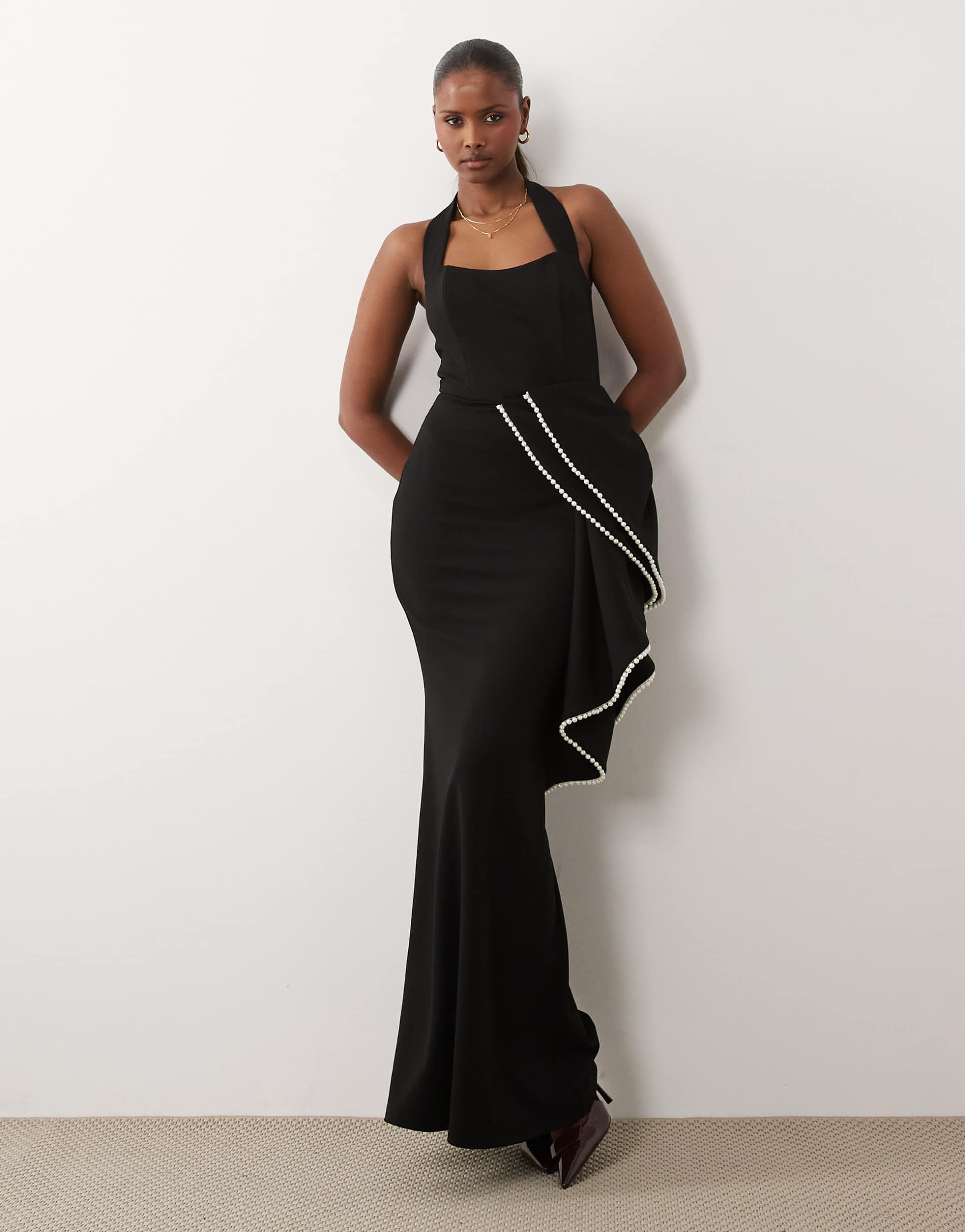 asos design premium crepe halter maxi dress with faux-pearl embellished oversized bow in black