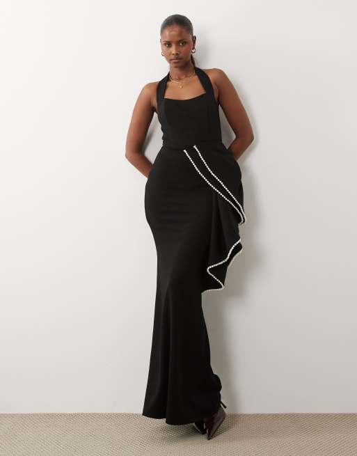 ASOS Design Premium crepe halter maxi dress with faux-pearl embellished oversized bow in Black