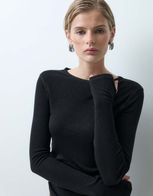 ASOS DESIGN premium  crew neck long sleeve top in black, 2 of 5