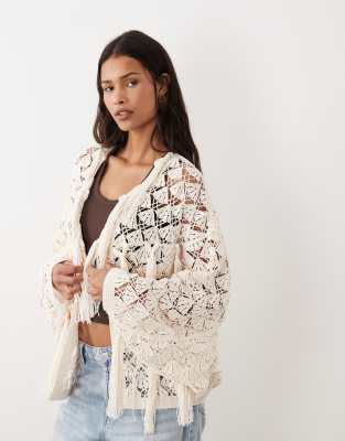 ASOS DESIGN premium crochet stitch fringed cardigan in cream