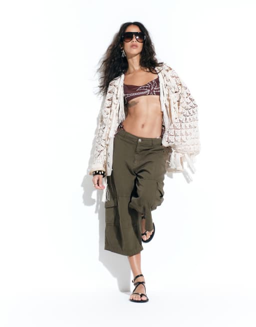 ASOS DESIGN premium crochet stitch fringed cardigan in cream, 2 of 4