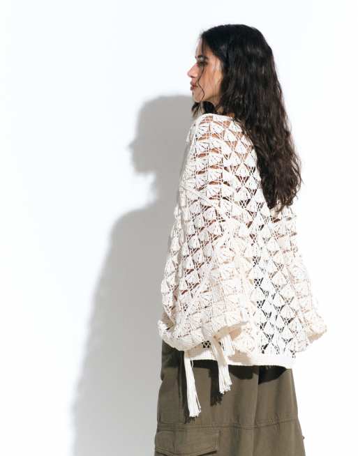 ASOS DESIGN premium crochet stitch fringed cardigan in cream, 3 of 4