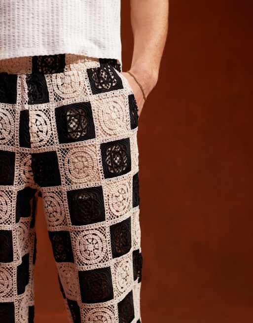ASOS DESIGN Premium crochet textured wide beach pants with elastic waist in black and white, 3 of 5