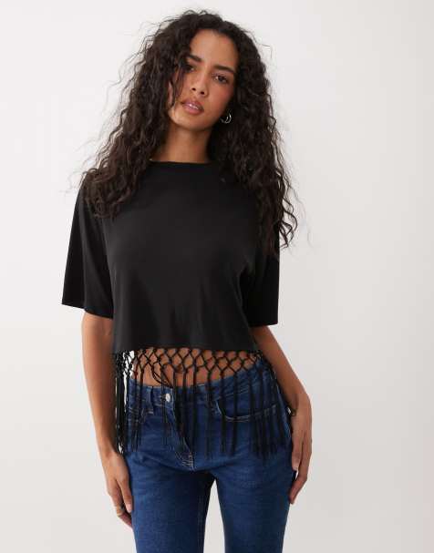 ASOS DESIGN - Premium - Crop top met korte mouwen en franjes met kruisbandjes in zwart - view 1