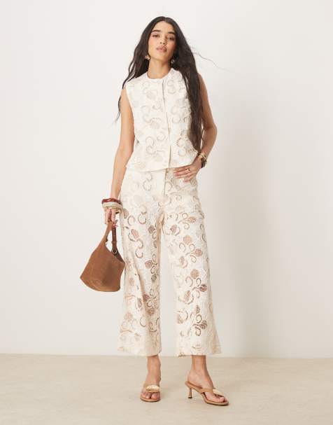 ASOS DESIGN premium culottes co-ord with floral cutwork in buttermilk - view 1