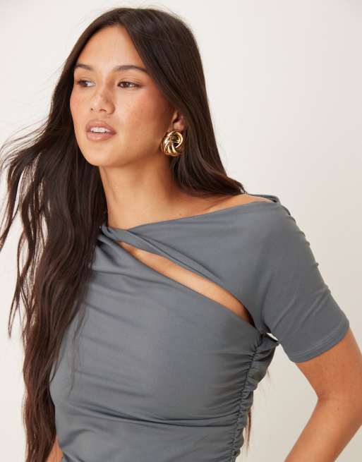 ASOS DESIGN premium cut out ruched drop hem maxi dress in slate gray, 4 of 4