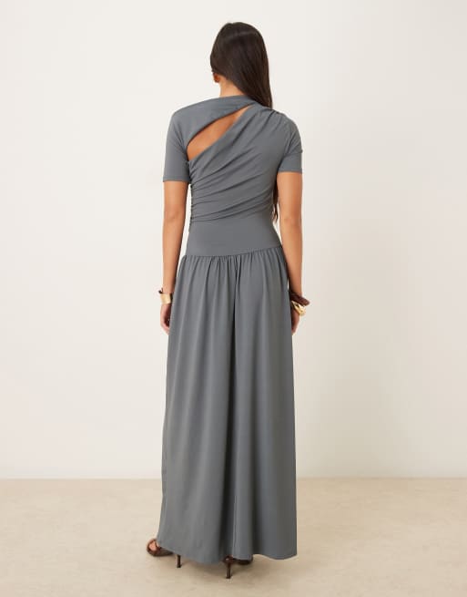 ASOS DESIGN premium cut out ruched drop hem maxi dress in slate grey, 3 of 4