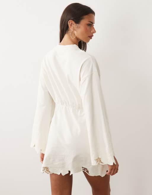 ASOS DESIGN premium cutwork and embroidery mini sweat dress in cream, 2 of 4