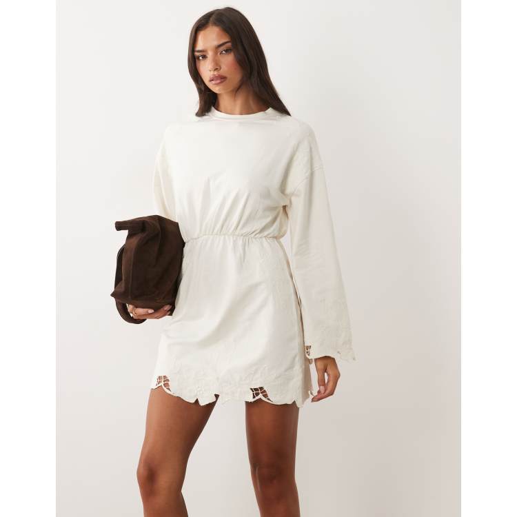 ASOS DESIGN premium cutwork and embroidery sweatshirt mini dress in cream |  ASOS