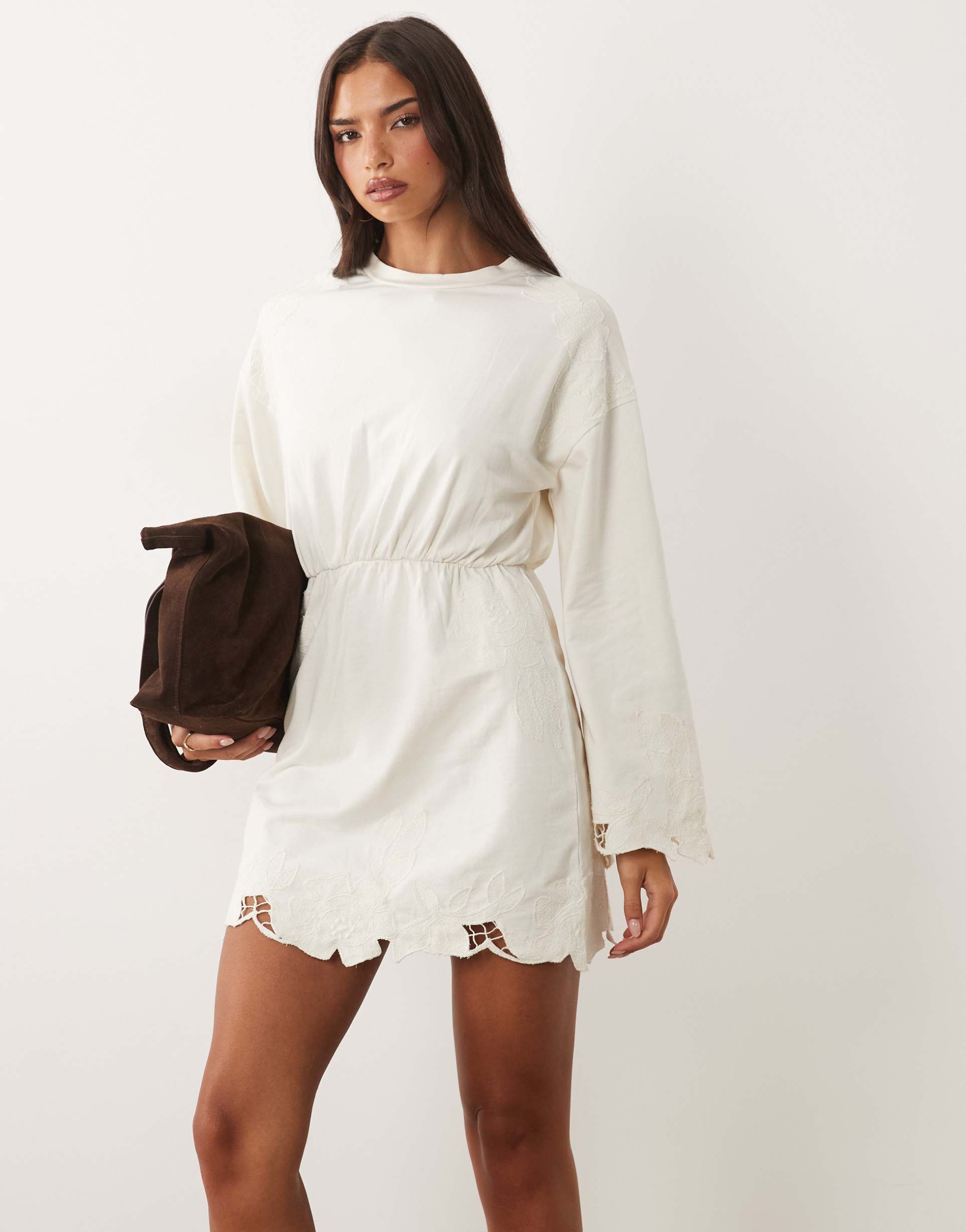 asos design premium cutwork and embroidery sweatshirt mini dress in cream