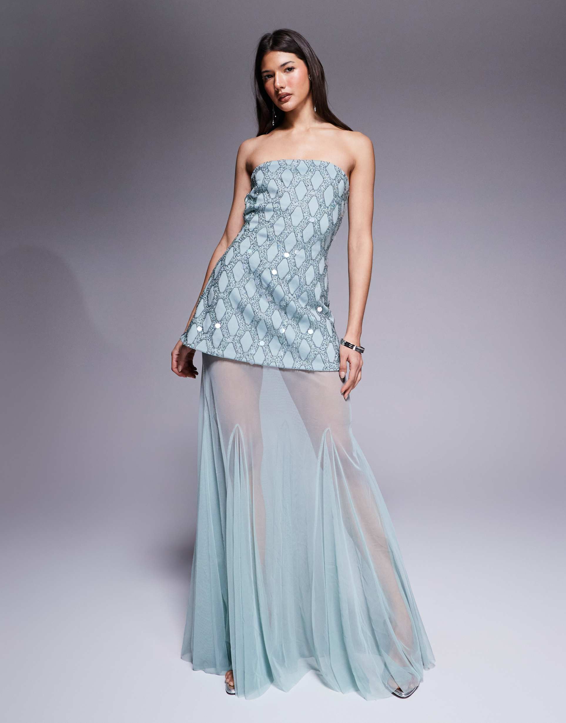 asos design premium cutwork embellished structured maxi dress with sheer full skirt in blue
