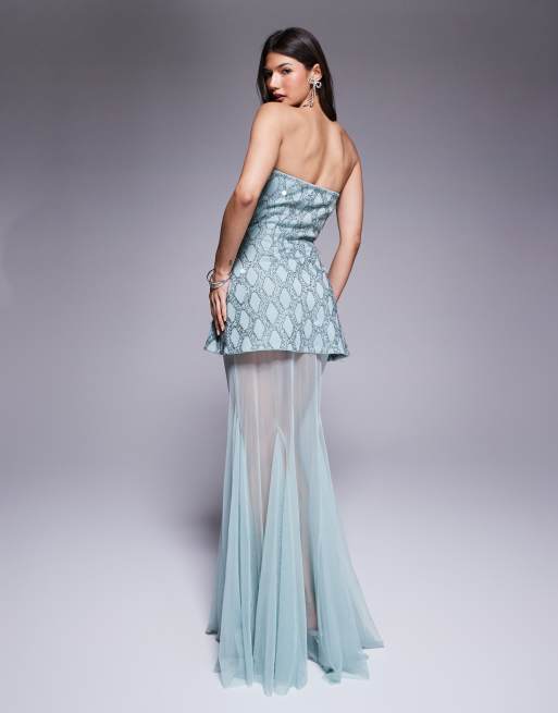 ASOS DESIGN Premium cutwork embellished structured maxi dress with sheer full skirt in blue , 3 of 4